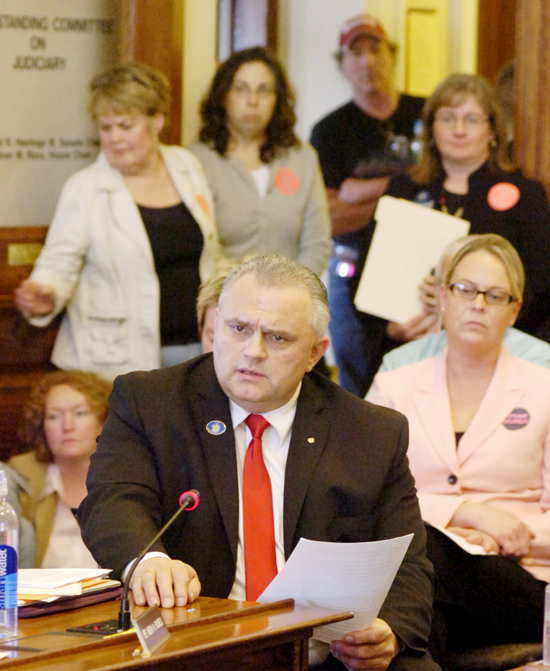 It was standing room only as Rep. Dale J. Crafts, R-Lisbon, introduces one of three abortion bills heard during a Judiciary Committee hearing today at the State House. His bill, LD 1457, seeks to repeal Maine's current adult consent law. It would require notarized written consent of a parent or legal guardian before an abortion may be performed on a minor, with some exceptions.