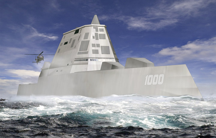 A rendering of the DDG-1000 Zumwalt, the U.S. Navy's next-generation destroyer, which has been funded to be built at Bath Iron Works.