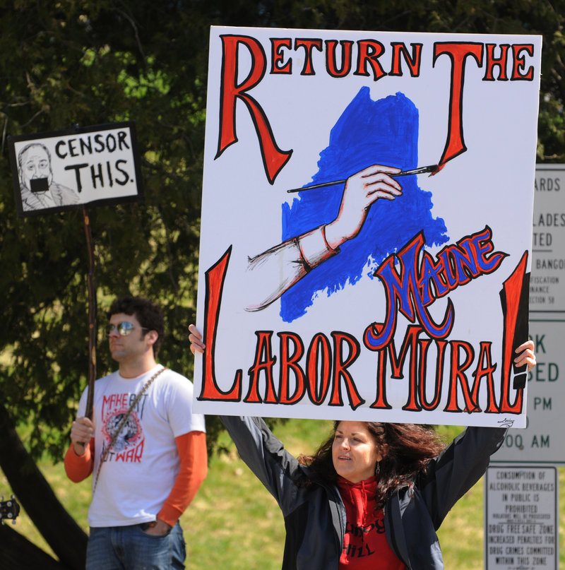 Demonstrators in Bangor demand the return of the labor mural in an April 19 protest.