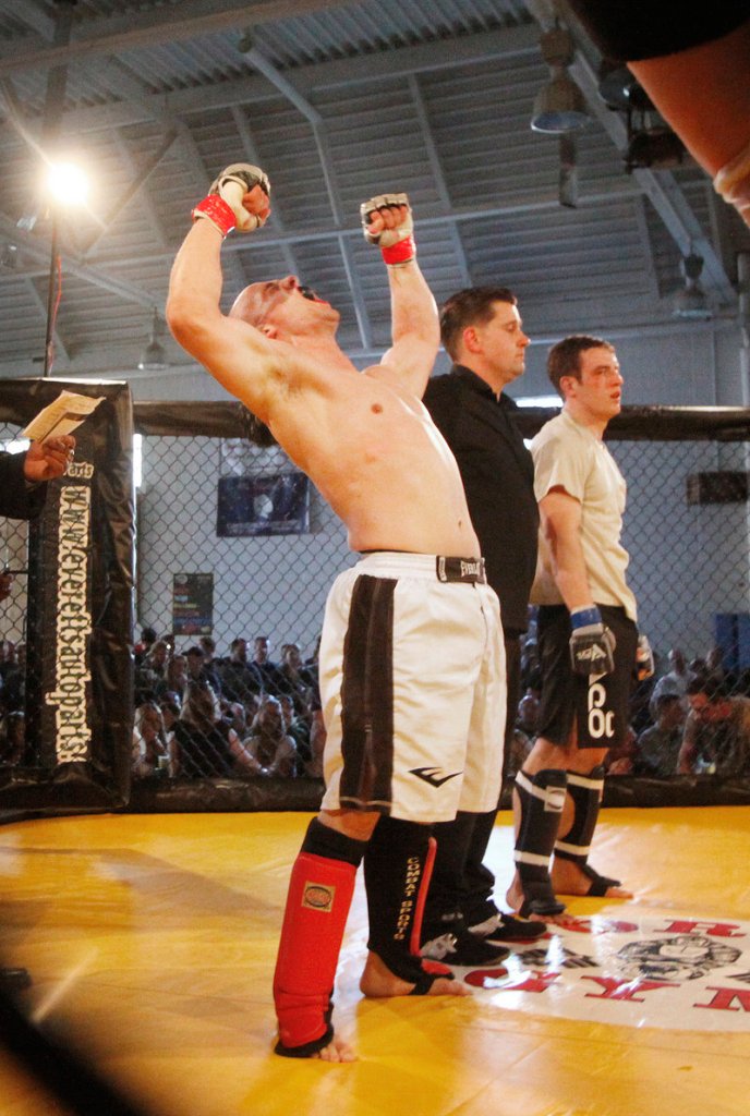 Josh Bellows of Hardcore MMA reacts after he is named the winner of his amateur bout with Ryan Jean of Team Irish. The card featured 11 pro and amateur fights.