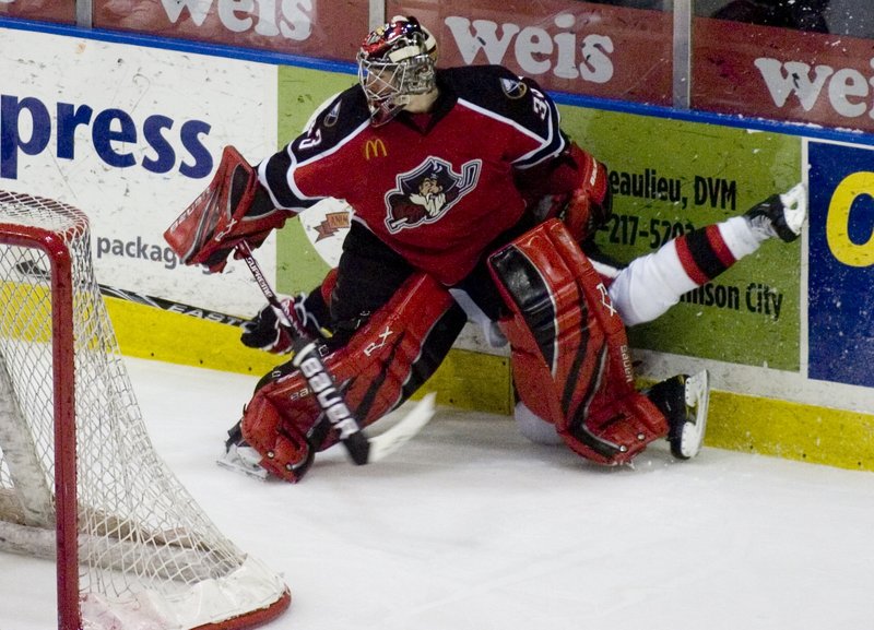After sitting out the Pirates’ loss in Game 2 against Binghamton, David Leggio returned to the lineup Saturday and made 32 saves in a 3-2 win. He kept Binghamton’s Ryan Potulny away from the action on this play.
