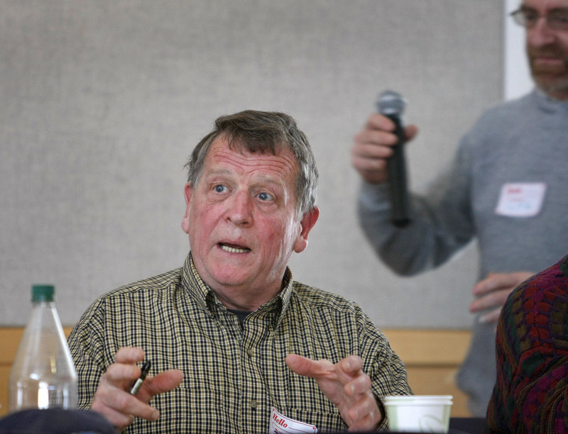 Phil Sheridan of Appleton comments on an energy issue during the Maine Green Independent Party’s annual statewide convention Sunday in Brunswick.