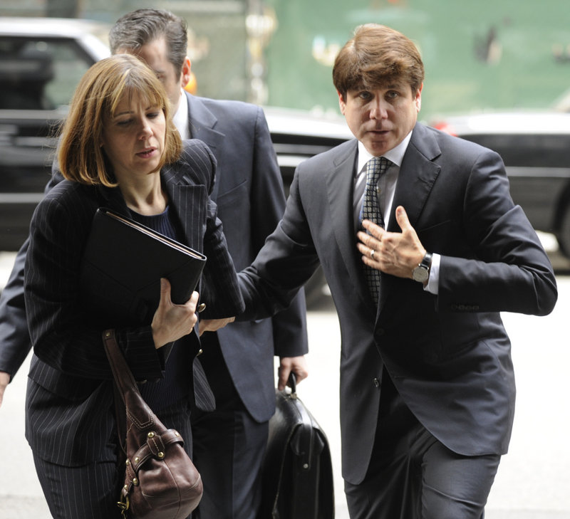 Former Illinois Gov. Rod Blagojevich and his wife, Patti, arrive at federal court for his second corruption trial Monday in Chicago. Blagojevich is accused of trying to profit from President Obama’s former Senate seat.