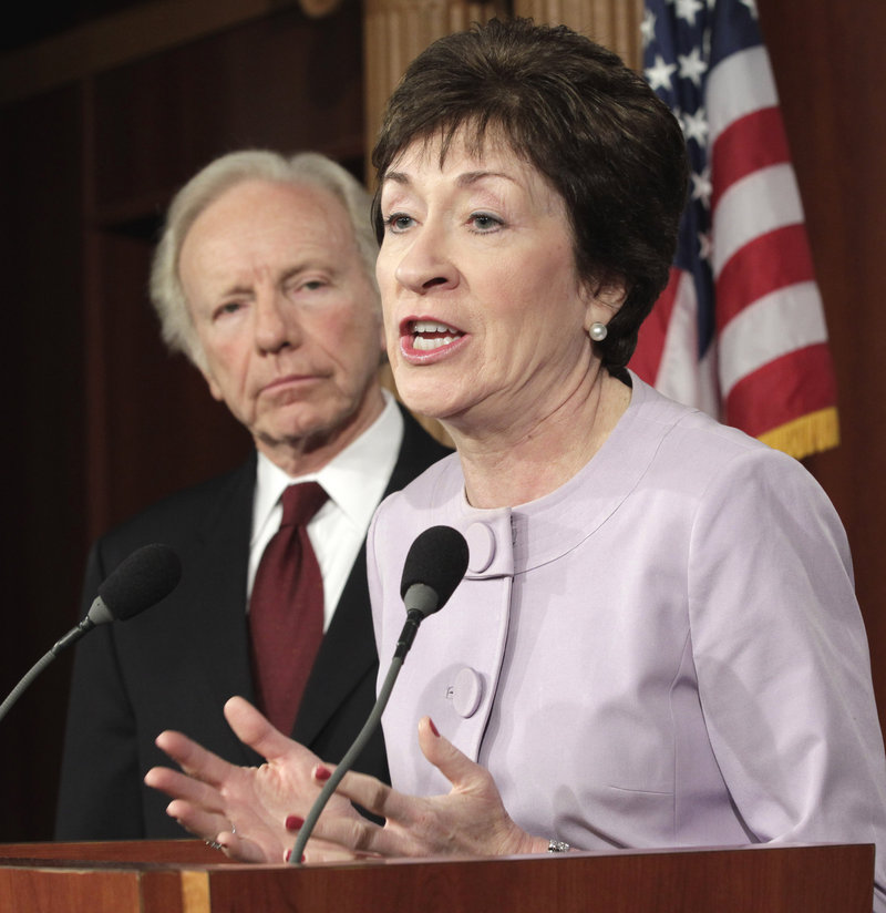 Senate Homeland Security and Governmental Affairs Committee ranking Republican Sen. Susan Collins, R-Maine, with committee chairman Sen. Joseph Lieberman, I-Conn., speaks during a news conference Monday in Washington.