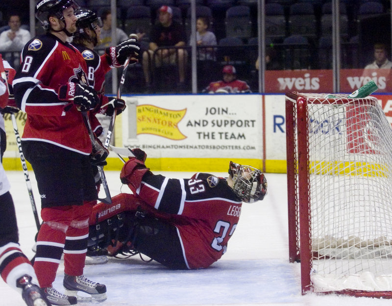Portland goaltender David Leggio reacts as Binghamton’s Ryan Keller scores for a 3-1 lead in the first period of Game 4 of the Atlantic Division championship series Monday night in Binghamton, N.Y. One more loss in the best-of-seven series will end the Pirates’ season.