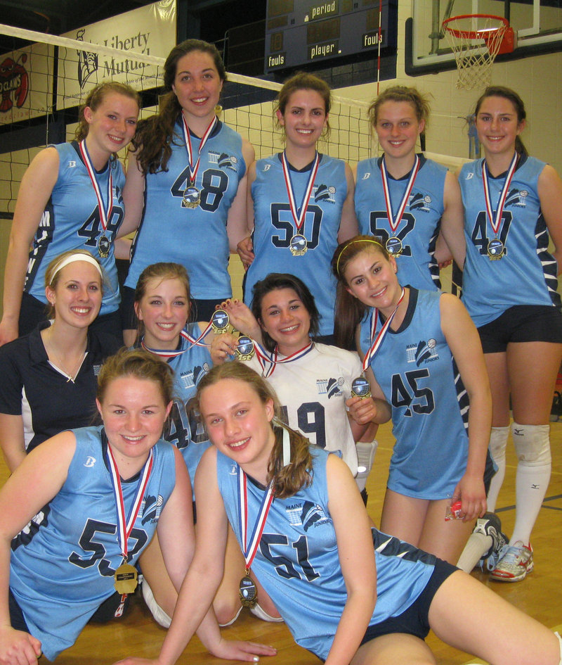 Members of the Maine Junior Silver Bullets, who won a New England volleyball title Sunday: front, from left, captains Olivia Hennedy and Katie Ventre; middle, Coach Michelle Forbes, Hallie O’Donnell, Samantha Robinson, Mariah McKeown; back, Gina Robertson, Anne Read, Hannah Rolland, Emily Doyon and Caroline Petitti.