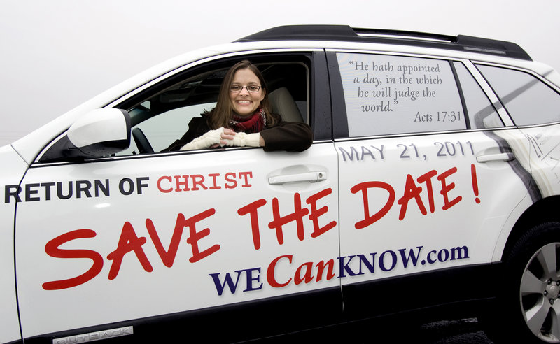 Allison Warden of Raleigh, N.C., has her car wrapped to let people know the day of Christ’s return is near. Americans have been captivated by the end of time since the nation began.