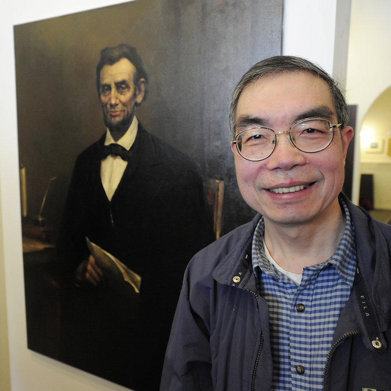 Artist Christopher Zhang of East Lyme, Conn., stands next to his winning work. Some 59 artists submitted paintings that were based on a single photograph of John Denison Crocker’s 1865 original work.