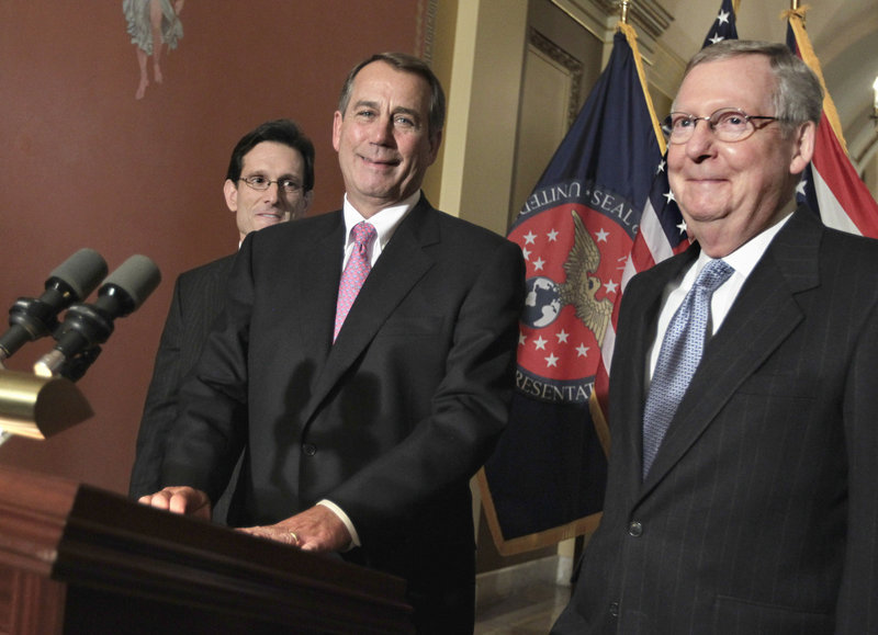 John Boehner, center, shown with Rep. Eric Cantor, R-Va., left, and Sen. Mitch McConnell, R-Ky.