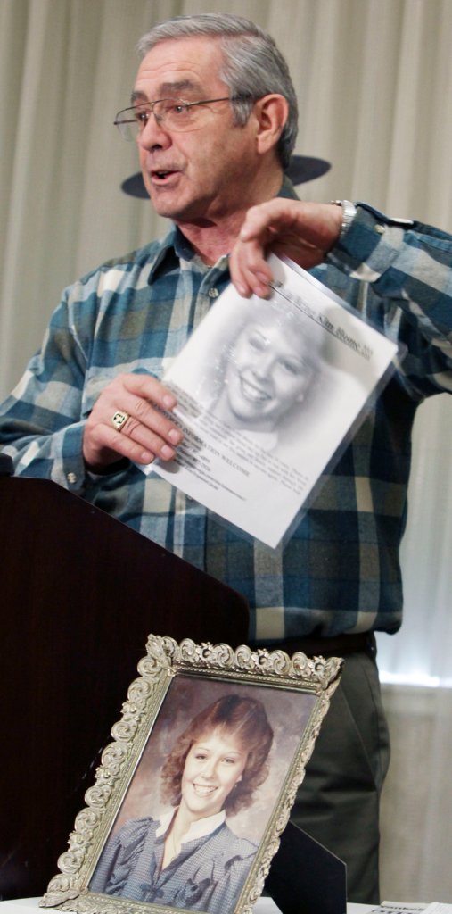 Dick Moreau of Jay speaks at a news conference Monday in Auburn where a photo of his daughter Kim at age 17 was displayed. In his quest to find out what happened the night she vanished in 1986, he continues to work with detectives, put up fliers and appeal to the public for information.
