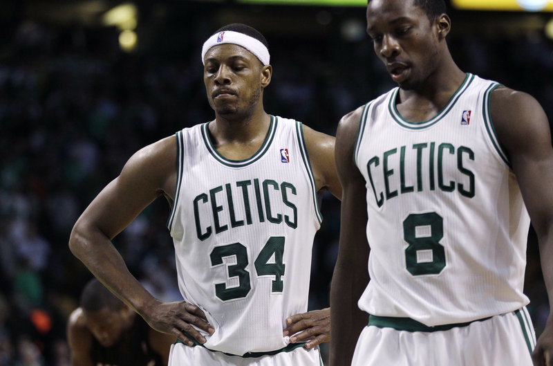 No smiles for the Boston Celtics. Not for Paul Pierce, left, and not for Jeff Green after Monday night’s overtime loss at home to the Miami Heat. Boston will be seeking to avoid elimination tonight in Game 5 at Miami.