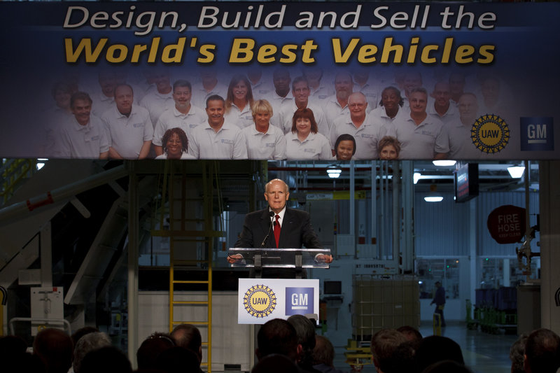 General Motors Chairman and CEO Dan Akerson speaks about new investments at the General Motors Transmission Plant in Toledo, Ohio, on Tuesday. Akerson said GM will add or keep 4,000 jobs at 17 plants in eight states, including 400 new hires at the Toledo plant.