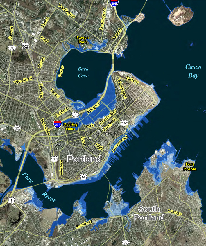 This map depicts areas at greatest risk for flooding by a 1-meter, or 3.3-foot, rise in sea level, coupled with an 80-centimeter, or 2.6-foot, storm surge.
