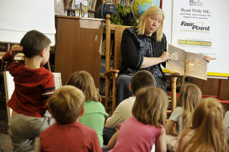 Karen Baldacci, the former first lady of Maine, reads "The Very Best Bed" to a class of kindergarten students at Portland's Lyseth School on Tuesday, as she helps launch the 12th year of the Read With ME program, a statewide initiative to improve literacy and reading skills among Maine's young people. Written and illustrated by Blue Hill resident Rebekah Raye, "The Very Best Bed" book will be distributed this fall to more than 18,700 Maine kindergartners as part of the program, which is sponsored by FairPoint Communications and the Law Offices of Joe Bornstein.