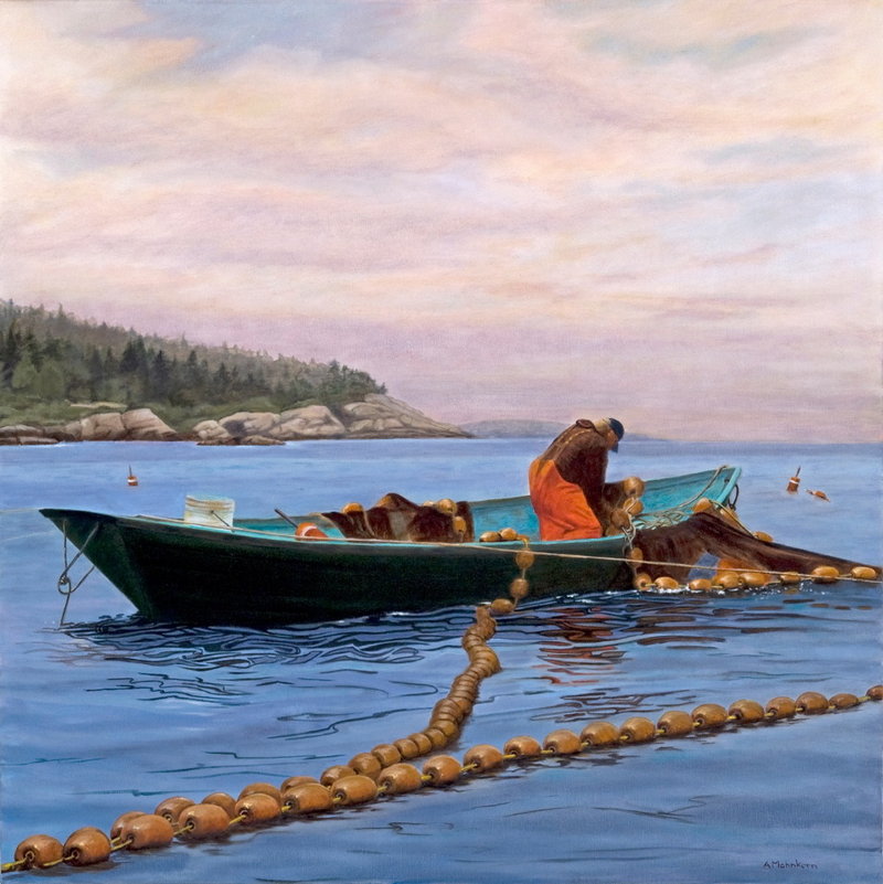 “Setting the Nets” is one of the paintings by Ann Mohnkern hanging in the new Mercy Primary Care center in Yarmouth, which was designed to show rotating exhibitions of contemporary art.