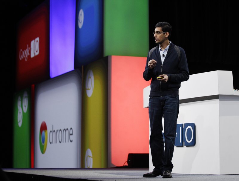 Sundar Pichai, a vice president of product management with Google, speaks at the developers conference in San Francisco Wednesday. Google software will power a laptop that will be manufactured by Samsung and Acer.