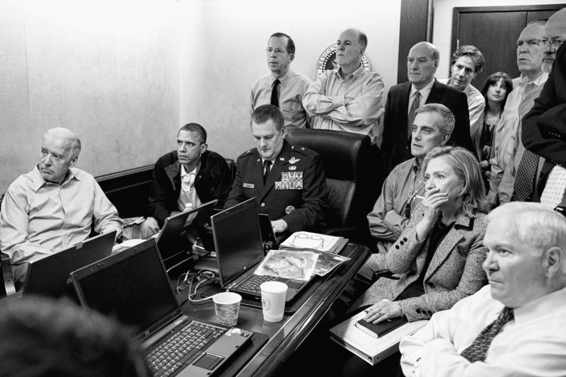 President Barack Obama and Vice President Joe Biden, seated at left, join members of the national security team for an update in the Situation Room of the White House on May 1 on the mission against Osama bin Laden. Seated at right are Secretary of State Hillary Rodham Clinton and Defense Secretary Robert Gates.