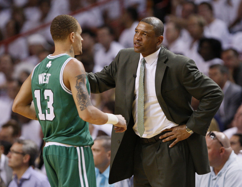 Doc Rivers, right, has been rumored for other jobs around the NBA, including with the Los Angeles Lakers. But he said he’s a Boston Celtic and is leaning toward returning next season as coach for another run at a championship.