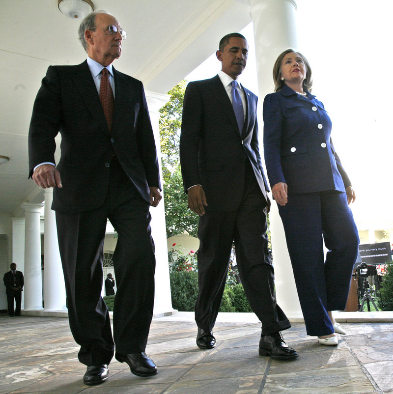 George Mitchell, President Obama and Secretary of State Hillary Clinton, prior to Mitchell’s resignation as Mideast peace envoy: Readers admire his efforts.