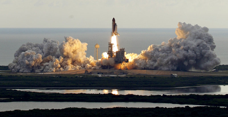 Space shuttle Endeavour clears the launch pad in Cape Canaveral, Fla., on Monday after a delay of more than two weeks.