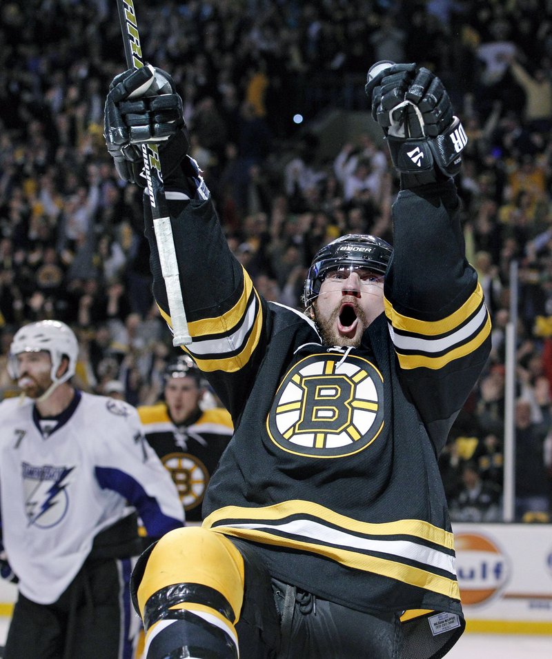 Michael Ryder celebrates a second-period goal Tuesday night that helped the Bruins even the series with Tampa Bay with a 6-5 victory in Game 2.