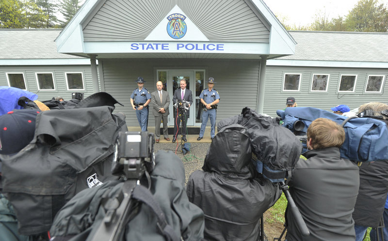 Maine State Police investigators discuss the McCrery case with the media Wednesday at the barracks in Alfred.
