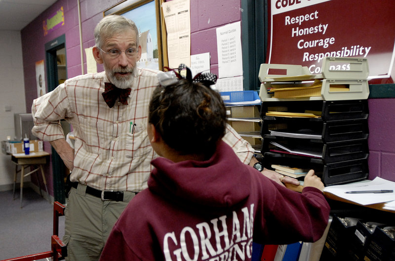 Bob Crowley, shown talking with a student at Gorham High School in 2008 when he was a teacher there, is the only Mainer to have won the $1 million prize on "Survivor." Since retiring from teaching in 2009, he has helped raise funds for charities, traveled with his wife and done some fishing from his lobster boat.