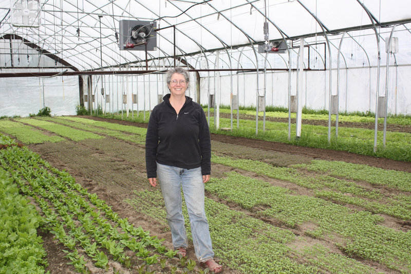 Farmer and cookbook author Lisa Turner stands inside one of the six greenhouses on Laughing Stock Farm in Freeport, which she runs with her husband, Ralph Turner. This greenhouse is planted with lettuce and greens that will be harvested in a couple of weeks.