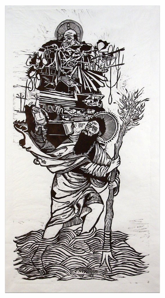 Some of Kyle Bryant s woodcut prints on paper appearing in The Things We Carry through July 25 at A Fine Thing: Ed Pollack Fine Arts include: St. Christopher.