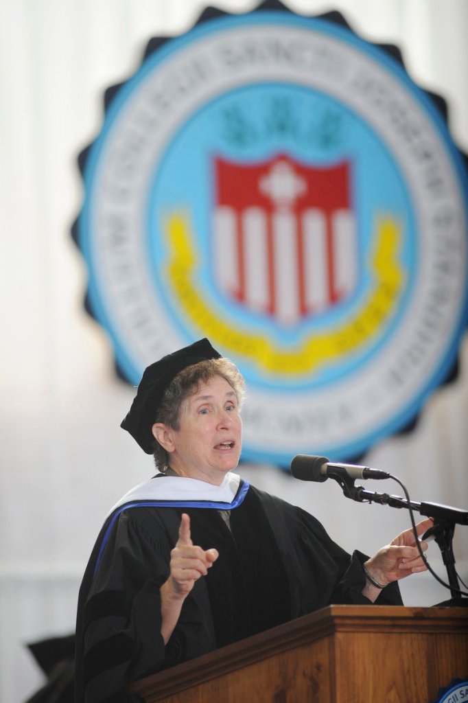 Sister Marilyn Lacey, founder of Mercy Beyond Borders, delivers the commencement address.