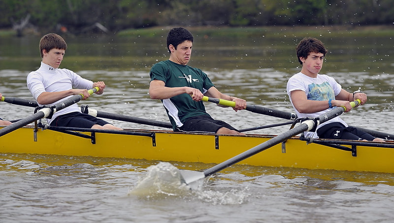 Mark Endrizzi – in the middle with a green shirt – will graduate from Scarborough High this month, but he’s also a member of the rowing team at Waynflete.