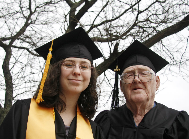 The youngest and oldest graduates in Southern Maine Community College’s history are Rachel Champoux, 16, of Westbrook and Robert Witham, 83, of Portland, who both graduated Saturday. Champoux’s stole signifies her membership in SMCC’s Phi Theta Kappa Honor Society.