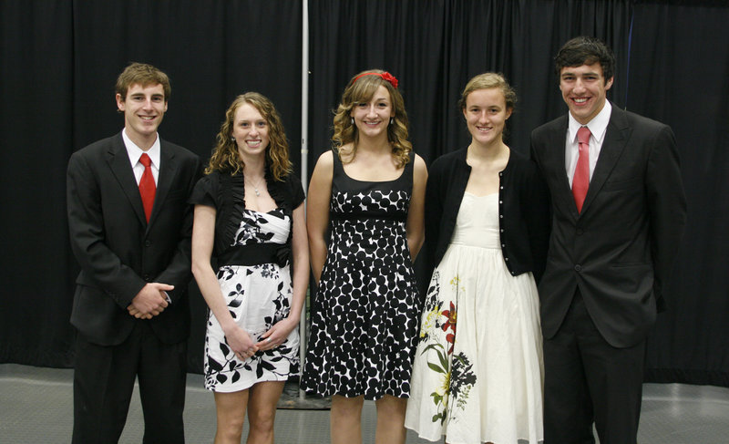 Five high school seniors received $5,000 scholarships in recognition of their athletic and scholastic achievements Sunday at the Maine Sports Hall of Fame banquet. From left: Evan Nadeau of Brewer High, Kaitlyn Hall of Thornton Academy, Taylor Seeley of Washington Academy, Caroline Summa of Cheverus and Michael McCann of Winslow.