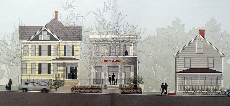 A Sebago Technics drawing depicts Ebo’s Market, a small food store once planned for Willard Square in South Portland.
