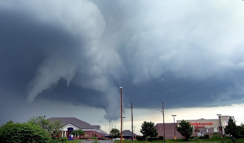 A photo taken Saturday shows funnel clouds above Topeka, Kan., around 6:20 p.m. The National Weather Service issued a series of tornado warnings as the storm system moved throughout the region late Saturday afternoon and headed toward Missouri on Saturday evening.