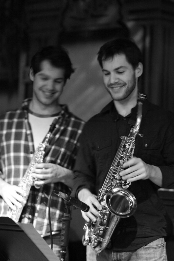Jazz musician Kyle Hardy, right, and friends will play a free show at the Local Sprouts Cooperative in Portland on Saturday. Pictured with him is his twin, Duncan Hardy.