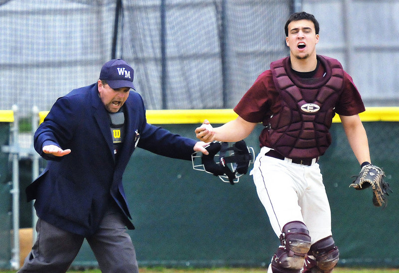 Windham catcher Cody Laberge reacts Thursday after Nic Lops of Cheverus was ruled safe on a sixth-inning squeeze, scoring the run that gave the Stags a 3-2 victory at home. Cheverus improved to 12-1. Windham is 7-7.