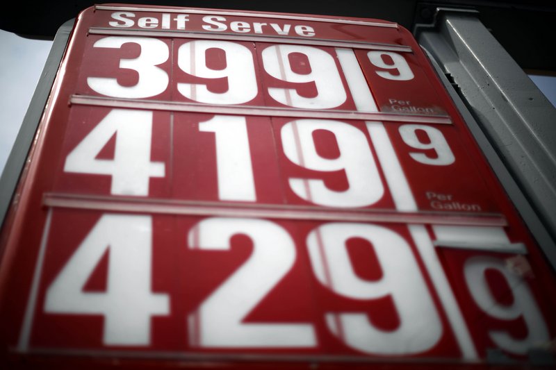 Gas prices are displayed in Philadelphia. For every $10 a U.S. household earns before taxes, almost $1 goes for gas.