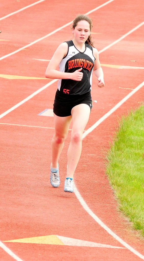 Kathleen McMahon of Brunswick heads to a second-place finish in the 3,200-meter run in Class A at the KVAC championships.