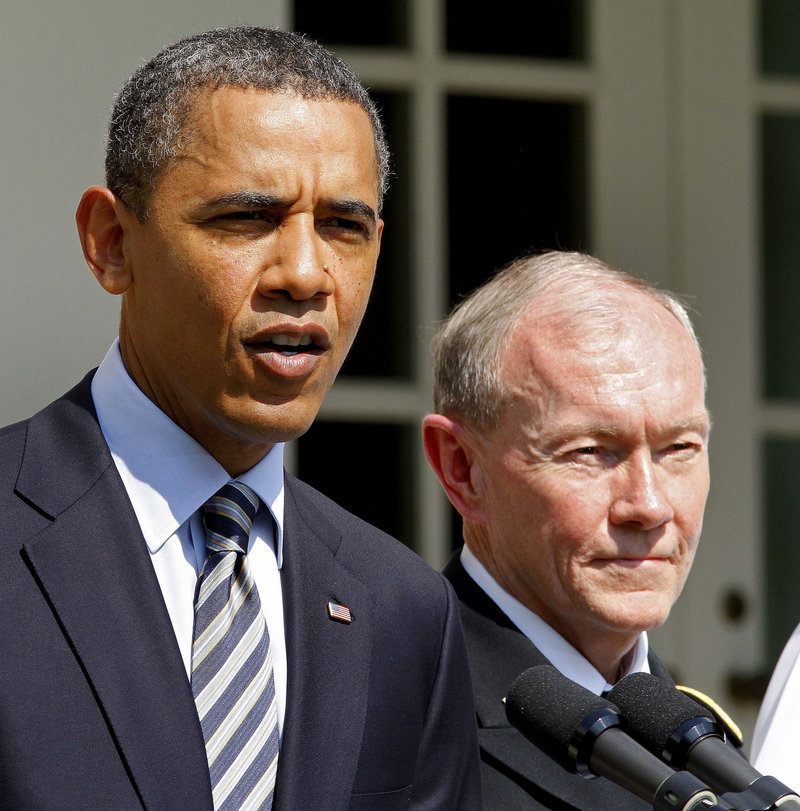 President Obama announces his nominee for Joint Chiefs of Staff chairman, Army Gen. Martin Dempsey, right, who served two war tours as a commander in Iraq.