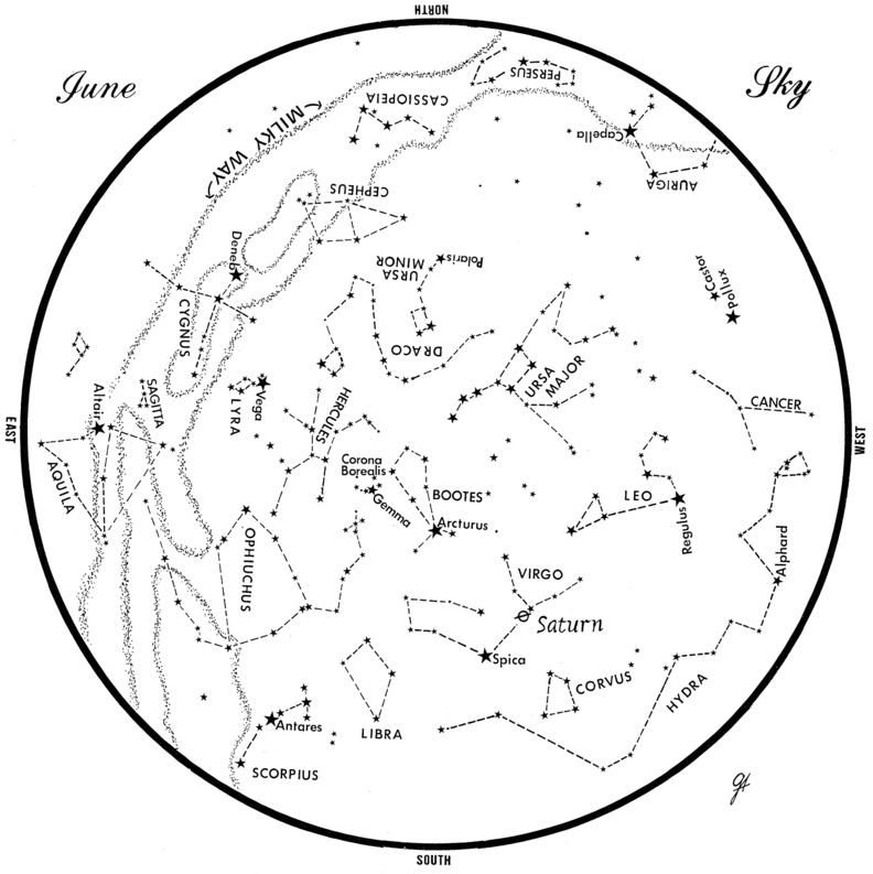 This chart is the sky as it appears over Maine during June. The stars are shown as they appear at 10:30 p.m. early in the month, at 9:30 p.m. at midmonth and at 8:30 p.m. at month’s end. Saturn is shown in its mid-month position. To use the map, hold it vertically and turn it so that the direction you are facing is at the bottom.