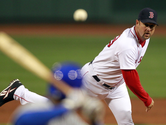 Boston Red Sox's Tim Wakefield pitches in the first inning of a game against the Chicago Cubs at Fenway Park on Sunday.