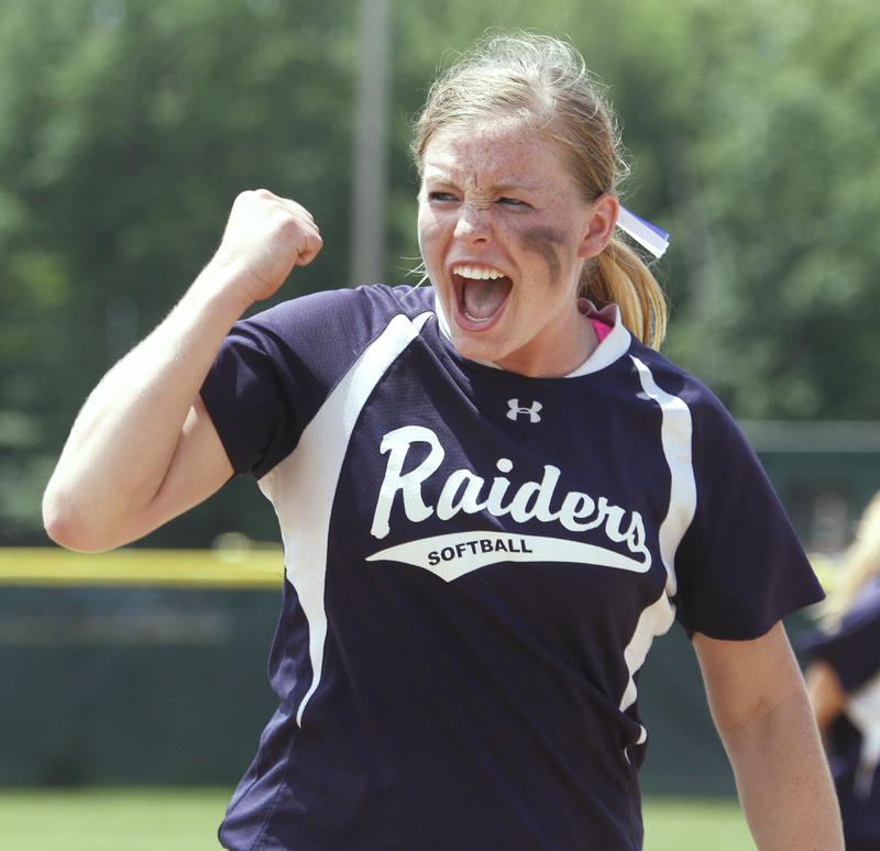 Maggie McConkey of Fryeburg celebrates after a 5-2 win over Bucksport today for the state Class B softball championship.