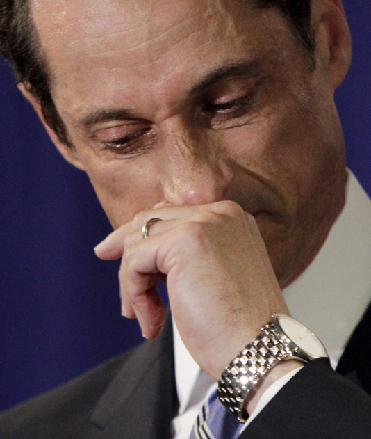 A teary U.S. Rep. Anthony Weiner, D-N.Y., addresses a news conference in New York on Monday.