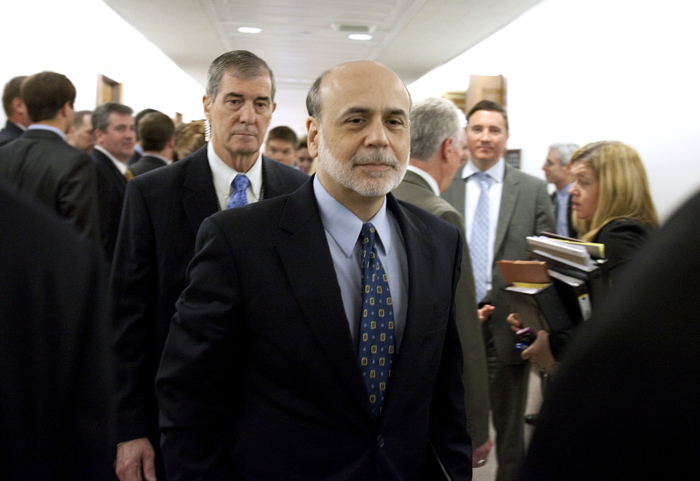 Federal Reserve Chairman Ben Bernanke leaves a Senate Banking Committee hearing in this May 11, 2011, photo.