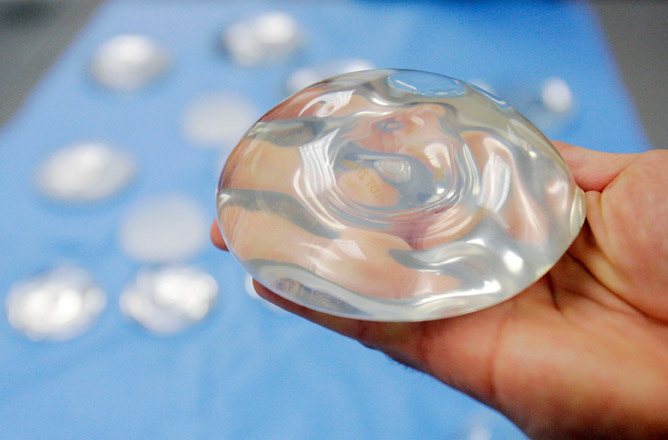 A silicone gel breast implant manufactured by Texas-based Mentor Corp.