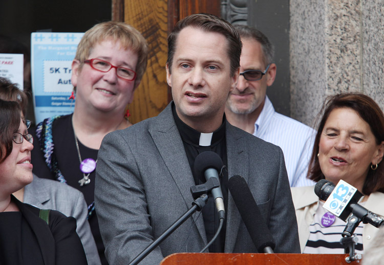Rev. Michael Gray, a United Methodist pastor in Old Orchard Beach, speaks today at a news conference in Lewiston, where it was announced that gay marriage supporters are laying the groundwork for another referendum on the issue same-sex unions in the state.
