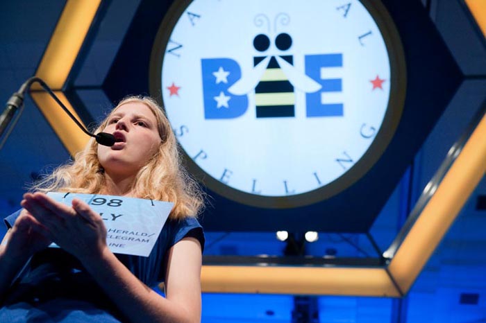 Lily Jordan competes in the semifinals of the National Spelling Bee in National Harbor, Md., today.