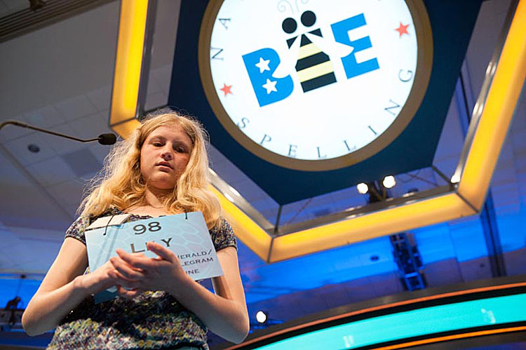 Lily Jordan competes in the preliminary rounds of the National Spelling Bee at the Gaylord National Resort and Convention Center in National Harbor, Md., today.