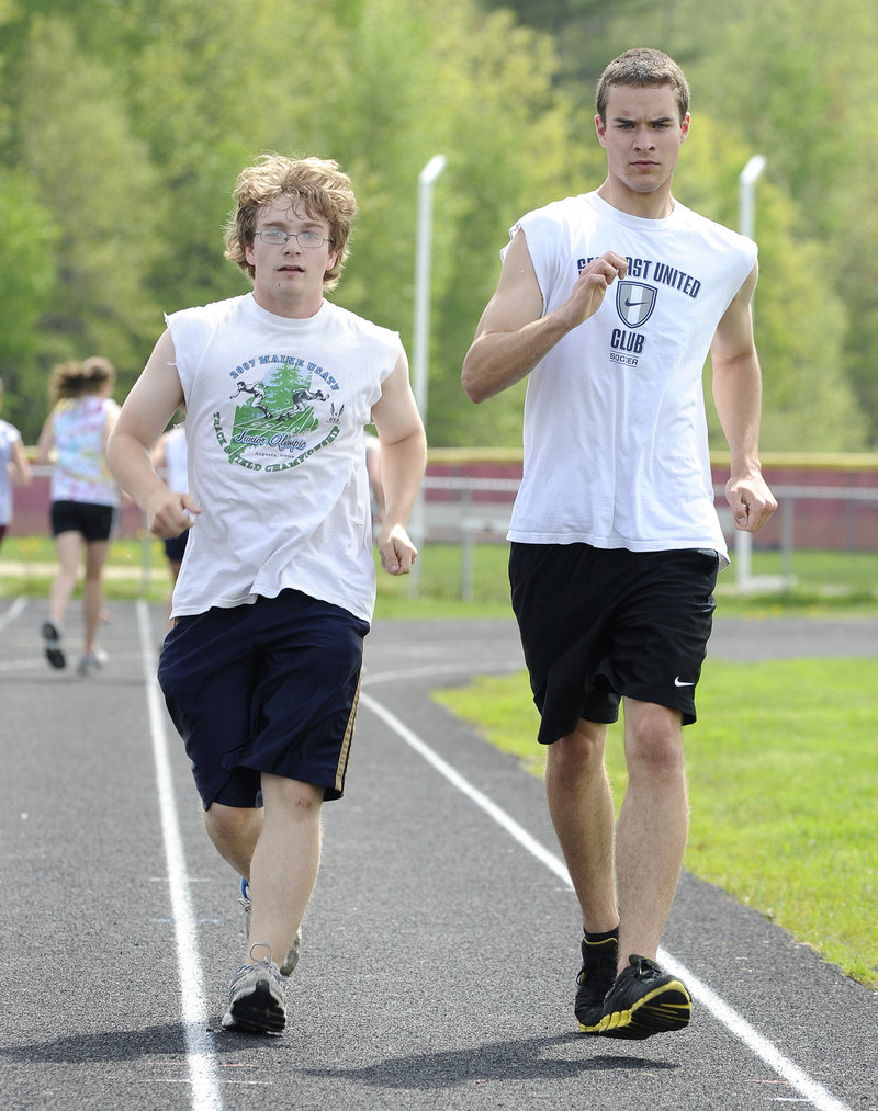 Alex Thuotte, left, and Nate Bucknell of Gorham are among a growing contingent of successful high school racewalkers the state has produced.